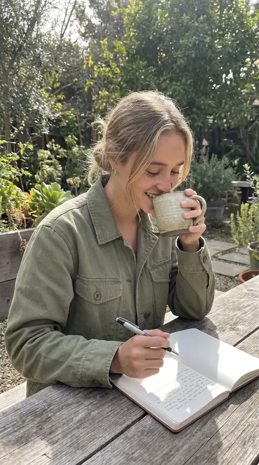 Carousel slide: woman journaling in a garden with coffee